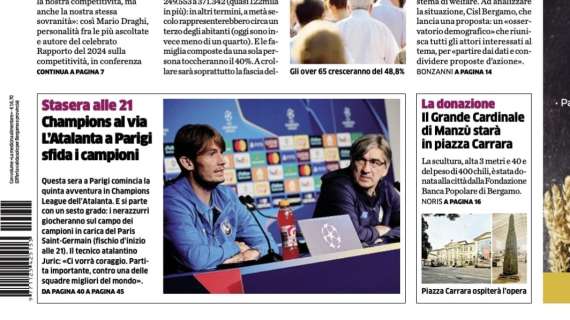 PRIMA PAGINA - L’Eco di Bergamo: "Champions al via. L’Atalanta a Parigi sfida il Psg"