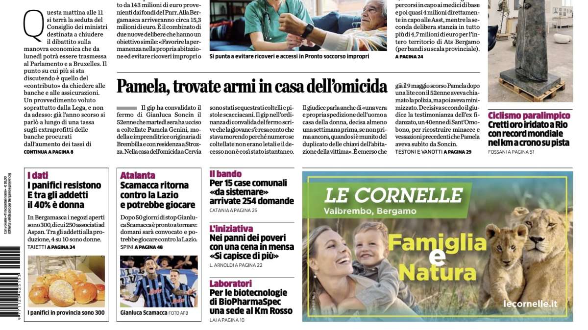 PRIMA PAGINA - L’Eco di Bergamo: "Scamacca ritorna contro la Lazio e potrebbe giocare"