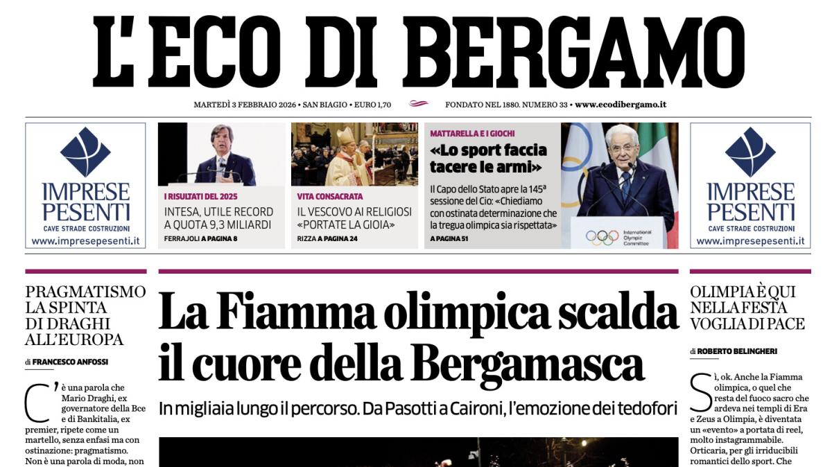 PRIMA PAGINA - L'Eco di Bergamo: "La Fiamma olimpica scalda il cuore della Bergamasca"