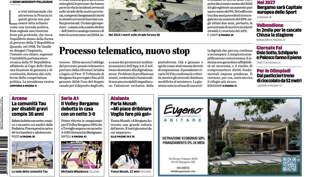 PRIMA PAGINA - L’Eco di Bergamo: "Parla Musah: 'Mi piace dribblare. Voglio fare più gol'"