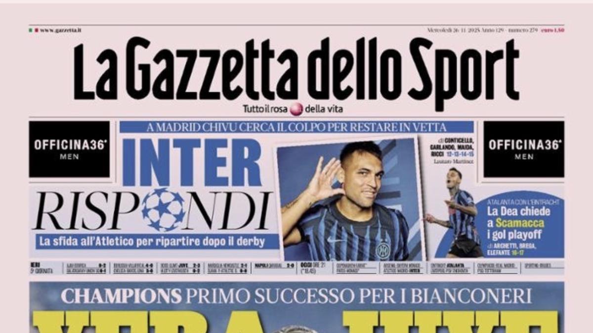 PRIMA PAGINA - La Gazzetta dello Sport: "Vera Juve: rimonta Champions. Atalanta, servono i gol di Scamacca"
