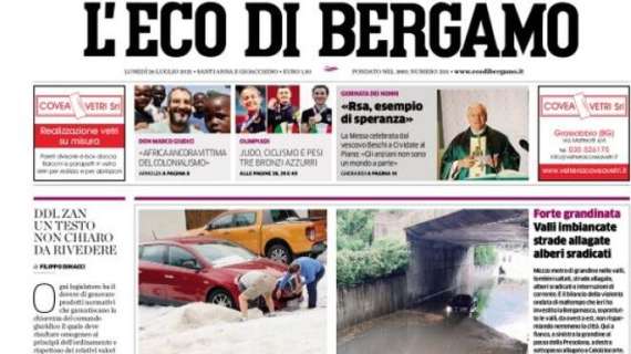 L'apertura de L'Eco di Bergamo: "Forte grandinata,Valli imbiancate strade allagate alberi sradicati"