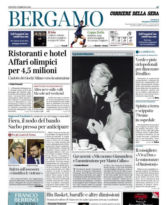 PRIMA PAGINA - Corriere di Bergamo:  Atalanta-Juve, storia travagliata «In campo i migliori»