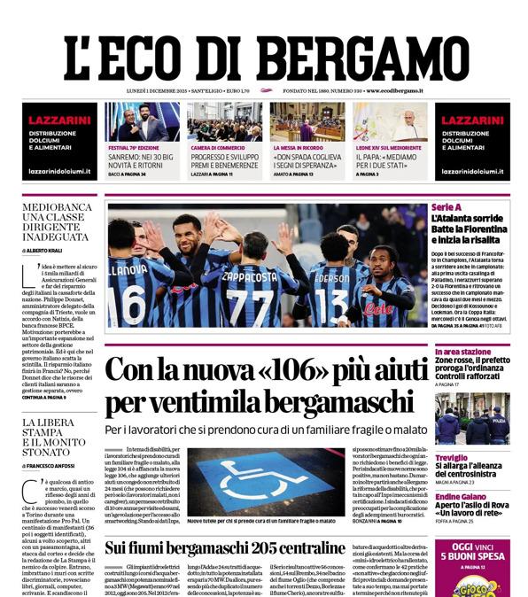 PRIMA PAGINA - L’Eco di Bergamo: "L'Atalanta sorride. Batte la Fiorentina e inizia la risalita"
