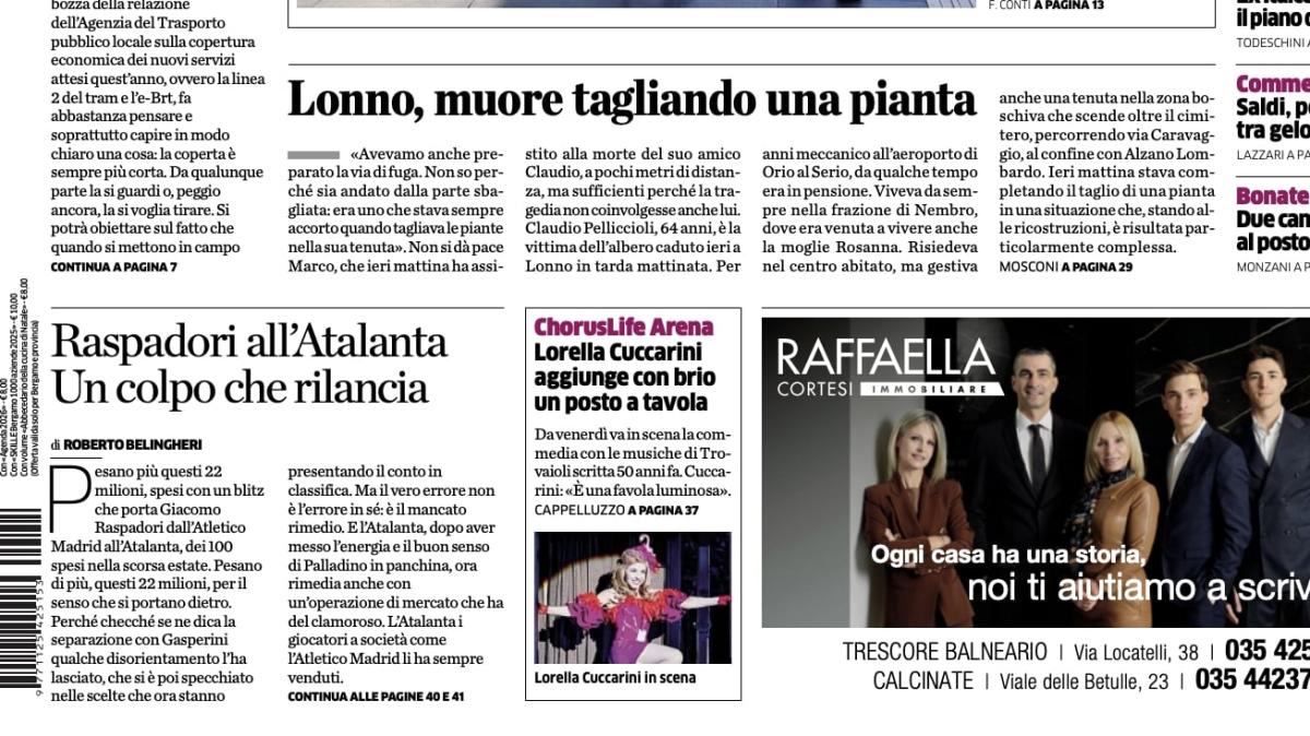 PRIMA PAGINA - L'Eco di Bergamo: "Raspadori all'Atalanta, un colpo che rilancia"