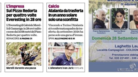 PRIMA PAGINA - L’Eco di Bergamo: "Atalanta da trasferta. In un anno solare solo una sconfitta"