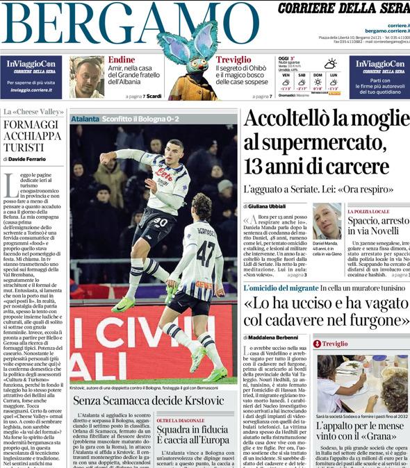 PRIMA PAGINA - Corriere di Bergamo:  "Senza Scamacca decide Krstovic"