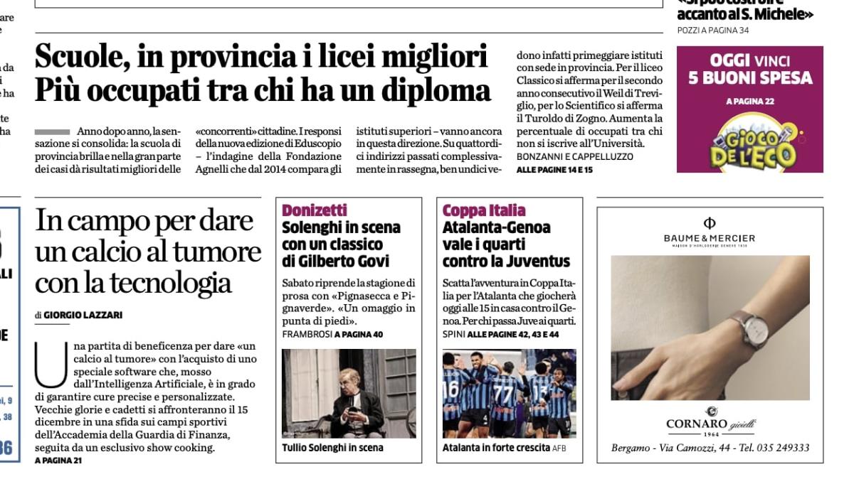 PRIMA PAGINA - L'Eco di Bergamo: "Coppa Italia: Atalanta-Genoa vale i quarti contro la Juventus"