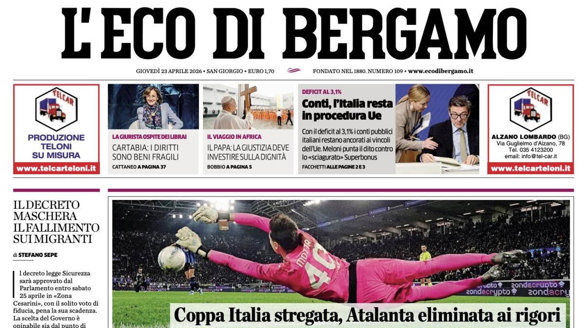 PRIMA PAGINA - L'Eco di Bergamo: "Coppa Italia stregata, Atalanta eliminata ai rigori"