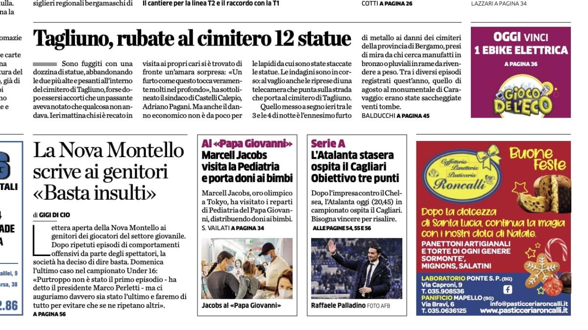 PRIMA PAGINA - L'Eco di Bergamo: "L'Atalanta stasera ospita il Cagliari. Obiettivo tre punti"