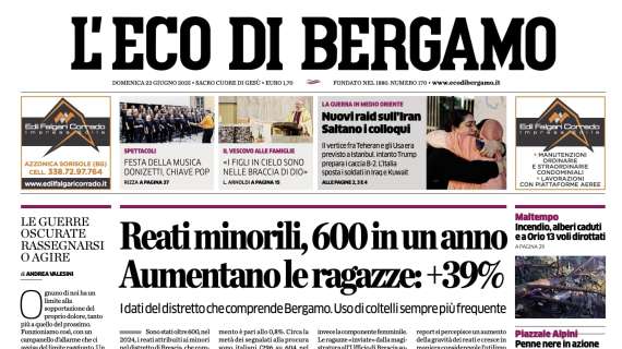 PRIMA PAGINA - L'Eco di Bergamo: "Reati minorili, 600 in un anno. Aumentano le ragazze: +39%"