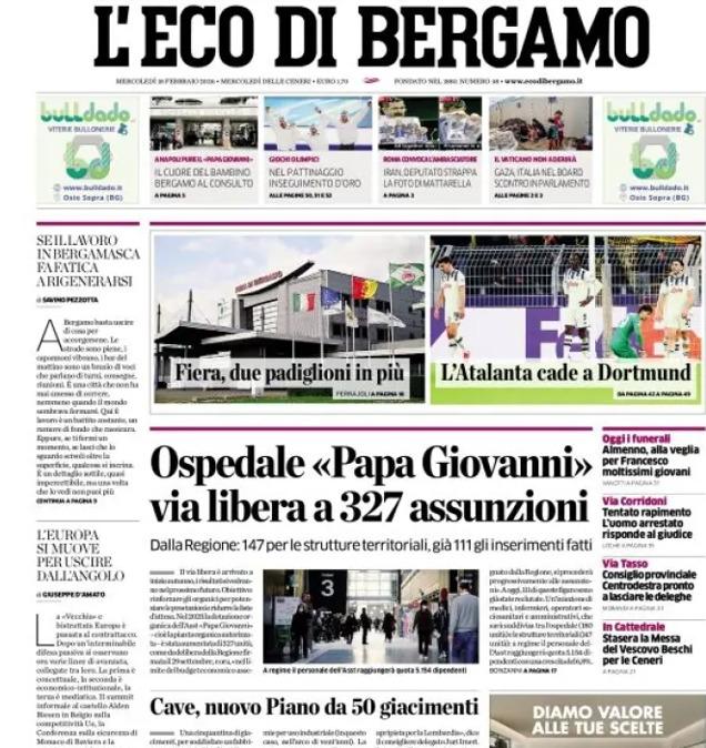 PRIMA PAGINA - Corriere di Bergamo: L'Atalanta cade a Dortmund 