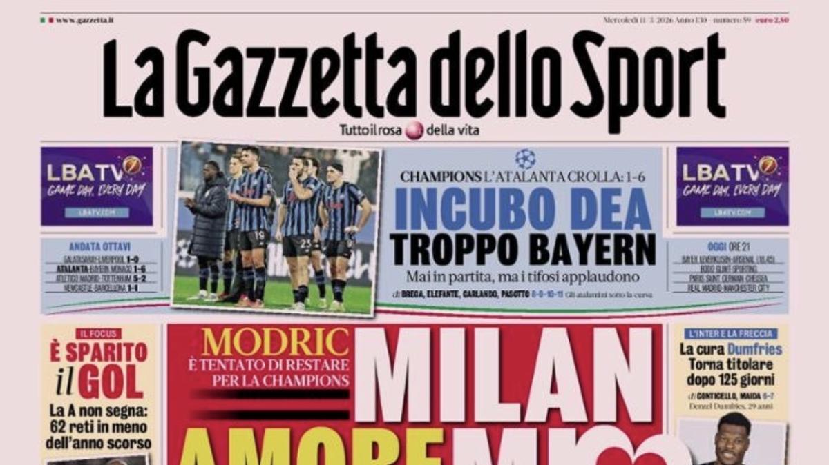 PRIMA PAGINA - La Gazzetta dello Sport: "Incubo Dea, troppo Bayern"