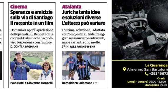 PRIMA PAGINA - L’Eco di Bergamo: "Juric ha tante idee e soluzioni diverse. L’attacco può variare"