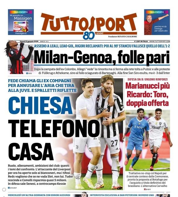 PRIMA PAGINA - TuttoSport: "Chiesa telefono casa"