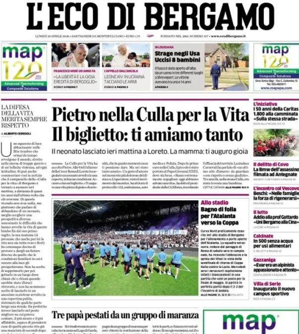 PRIMA PAGINA - L'Eco di Bergamo: "Bagno di folla per l'Atalanta verso la Coppa"