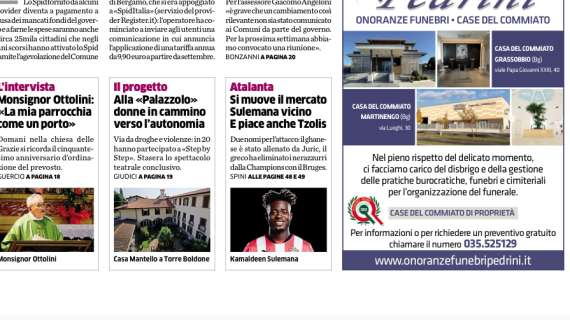 PRIMA PAGINA - L'Eco di Bergamo: "Si muove il mercato. Sulemana vicino e piace anche Tzolis"