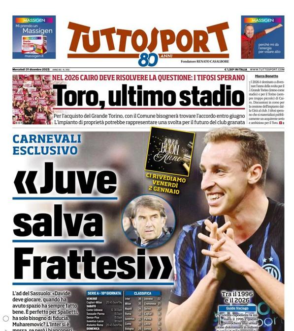 PRIMA PAGINA - TuttoSport: Carnevali esclusivo «Juve salva Frattesi»