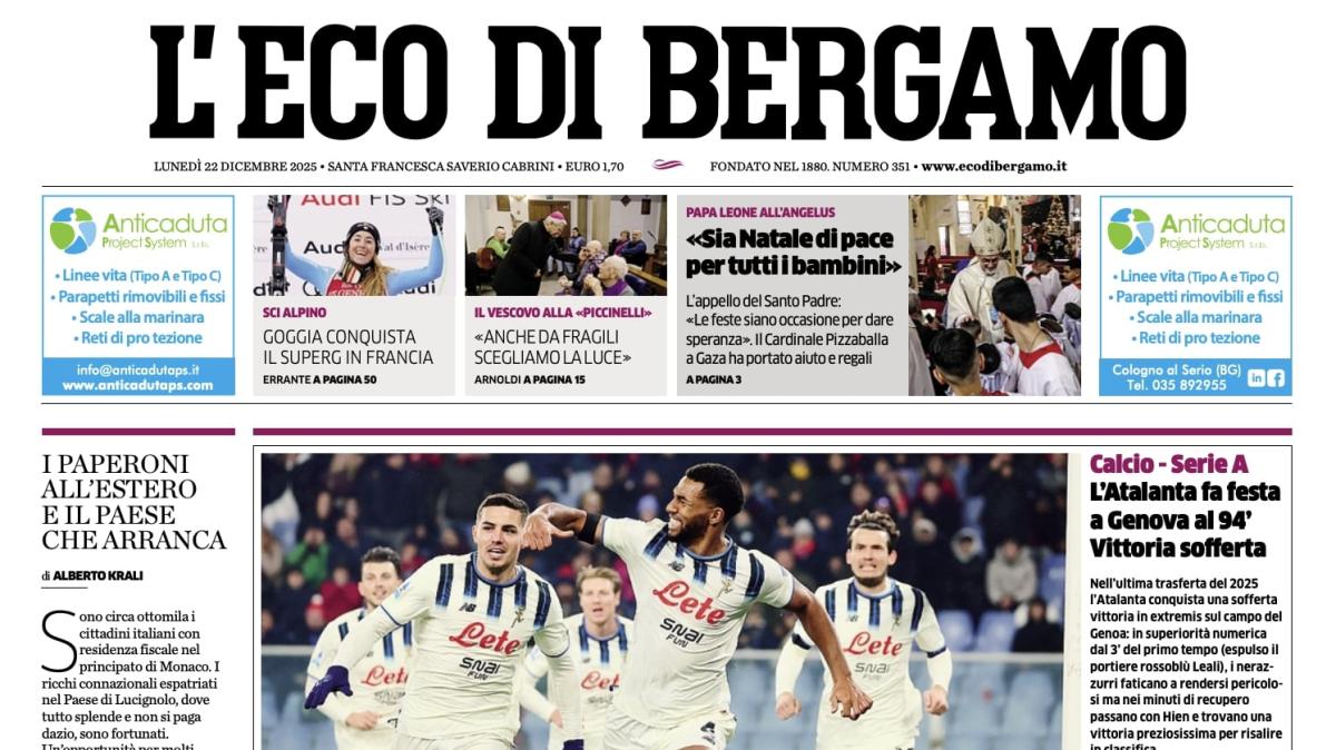 PRIMA PAGINA - L'Eco di Bergamo: "L'Atalanta fa festa a Genova al 94'. Vittoria sofferta"