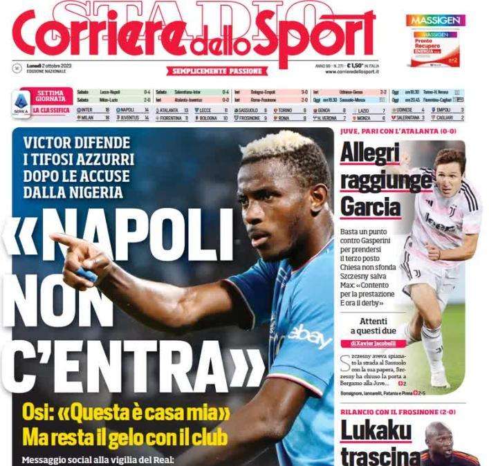 L'apertura del Corriere dello Sport: "Osimhen nega le accuse e difende i tifosi del Napoli"