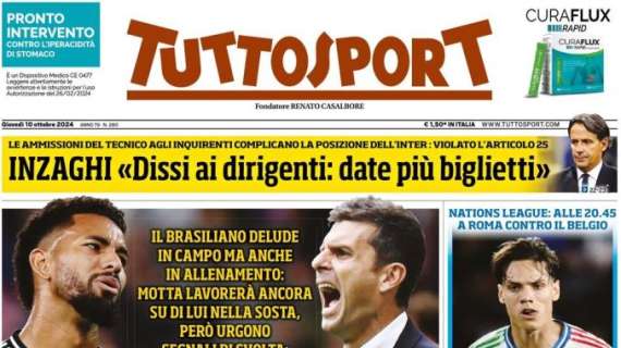 Tuttosport in apertura: "Douglas, sveglia!". Il brasiliano delude in campo e fuori