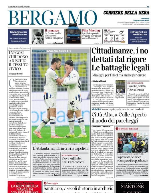 PRIMA PAGINA - Corriere di Bergamo: "L’Atalanta manda in crisi la capolista"