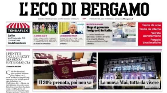 L'Eco di Bergamo in taglio alto: "Oggi Atalanta-Torino, Champions col Bruges"