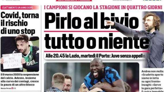 Stasera Juve-Lazio, l'apertura del Corriere dello Sport: "Pirlo al bivio, tutto o niente"