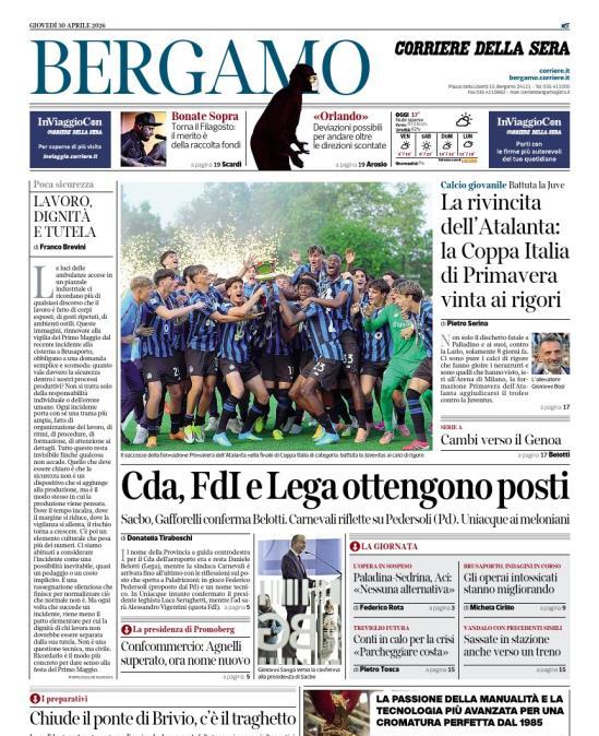 PRIMA PAGINA - Corriere di Bergamo: "La rivincita dell’Atalanta: la Coppa Italia di Primavera vinta ai rigori"
