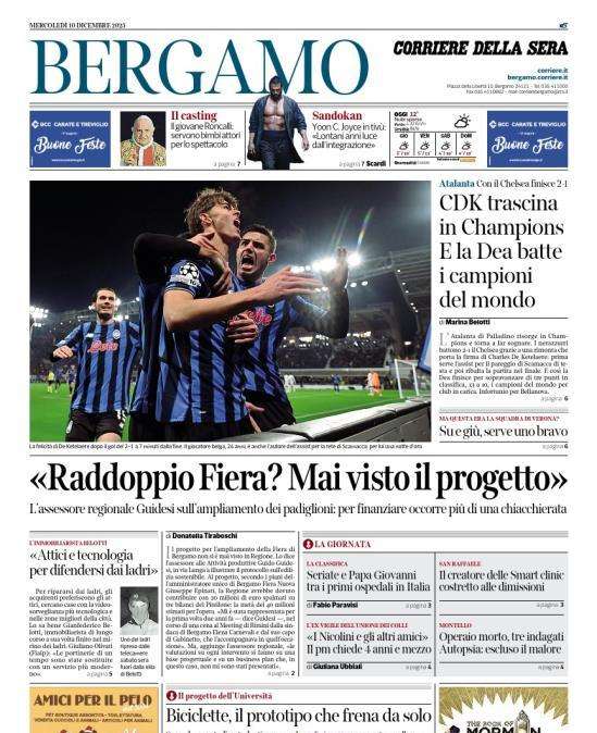 PRIMA PAGINA - Corriere di Bergamo: "CDK trascina in Champions. E la Dea batte i campioni del mondo"