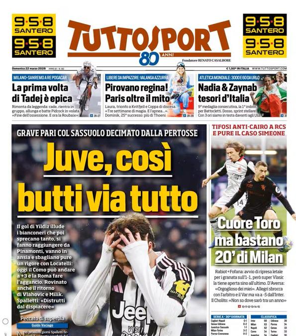 PRIMA PAGINA - TuttoSport: "Juve, così butti via tutto"