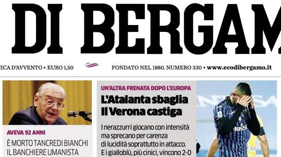 L'Eco di Bergamo sulla Dea: "L'Atalanta sbaglia, il Verona castiga"