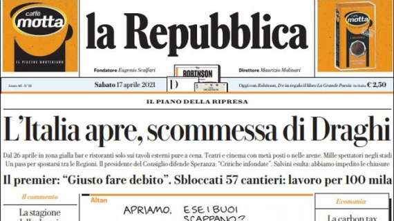 La Repubblica: "L'Italia apre, scommessa di Draghi"