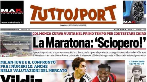 La prima pagina di Tuttosport recita stamani: "Yildiz, vali solo mezzo Leao?"