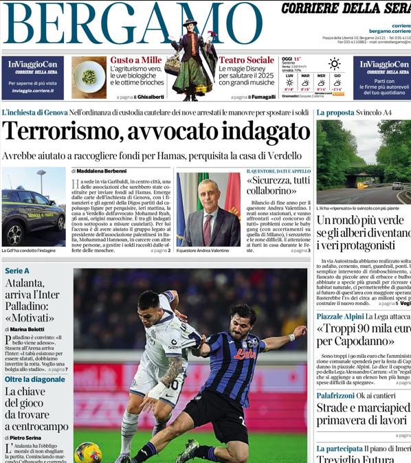 PRIMA PAGINA - Corriere di Bergamo: Atalanta, arriva l’Inter Palladino: «Motivati»