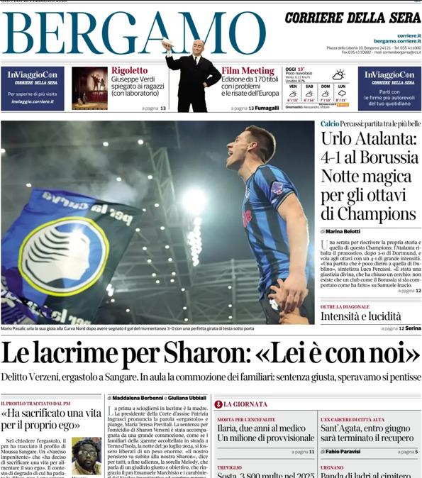 PRIMA PAGINA - Corriere di Bergamo: "Urlo Atalanta: 4-1 al Borussia. Notte magica per gli ottavi di Champions"