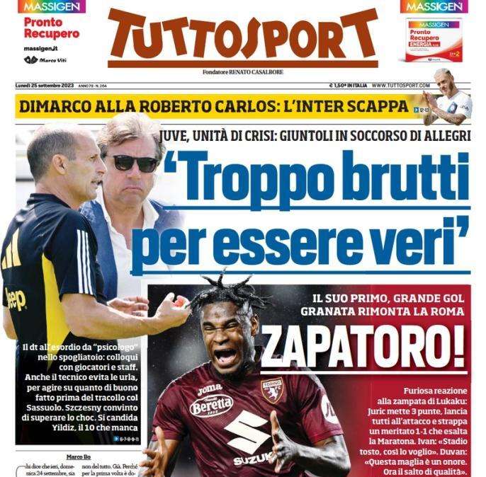 L'apertura critica di Tuttosport sulla Juve: "Troppo brutti per essere veri", ko col Sassuolo