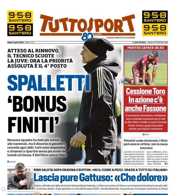 PRIMA PAGINA - TuttoSport: "Spalletti bonus finiti"