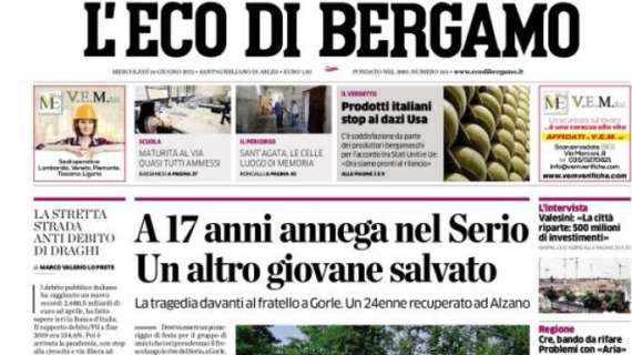 L'apertura de L'Eco di Bergamo: "A 17 anni annega nel Serio. Un altro giovane salvato"