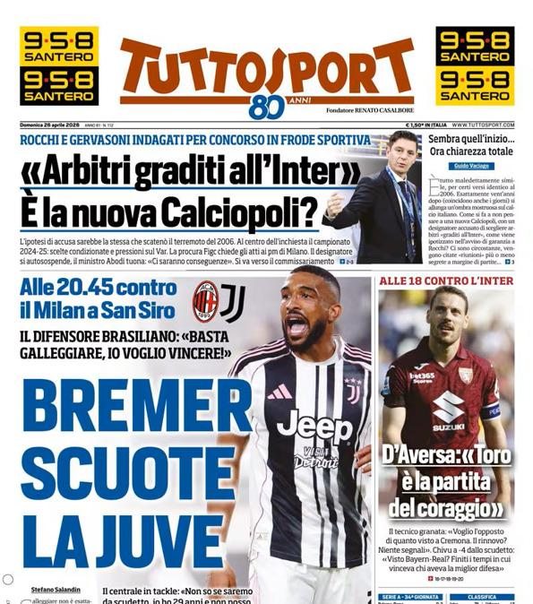 PRIMA PAGINA - TuttoSport: "Bremer scuote la Juve"