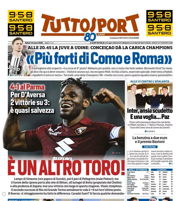 PRIMA PAGINA - TuttoSport: "E' un altro Toro"