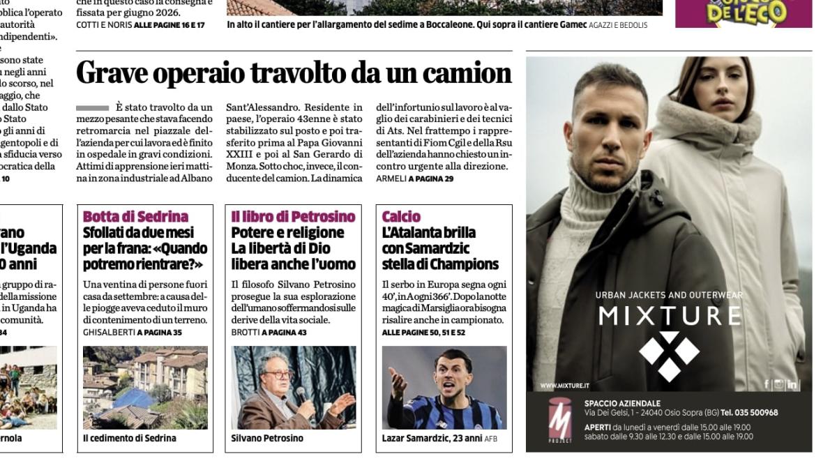 PRIMA PAGINE - L'Eco di Bergamo: "L’Atalanta brilla con Samardzic, stella di Champions"