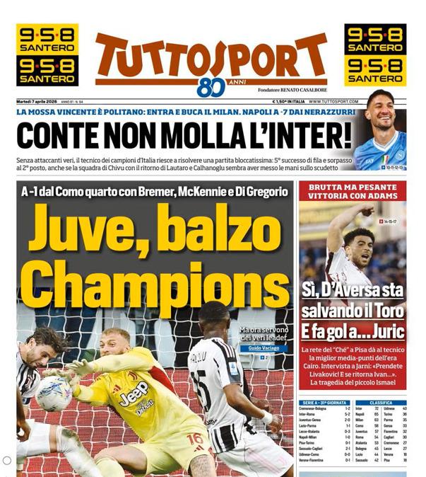 PRIMA PAGINA - TuttoSport: "Juve balzo Champions"