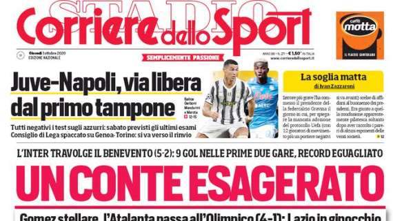 Corriere dello Sport in apertura: "Gomez stellare, L'Atalanta passa all'Olimpico: Lazio in ginocchio"