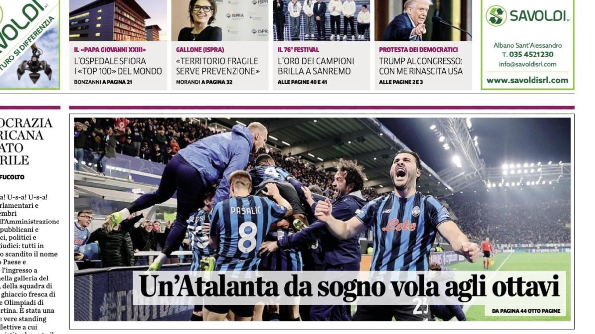 PRIMA PAGINA - L'Eco di Bergamo: "Un'Atalanta da sogno vola agli ottavi"