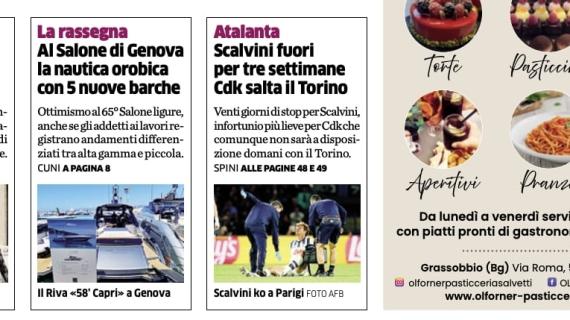 PRIMA PAGINA - L’Eco di Bergamo: "Atalanta, Scalvini fuori tre settimane"
