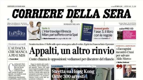 L'apertura del Corriere della Sera: "Appalti, un altro rinvio"