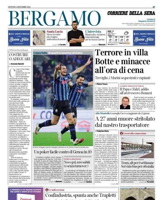 PRIMA PAGINA - Corriere di Bergamo: "Un poker facile contro il Genoa in 10"