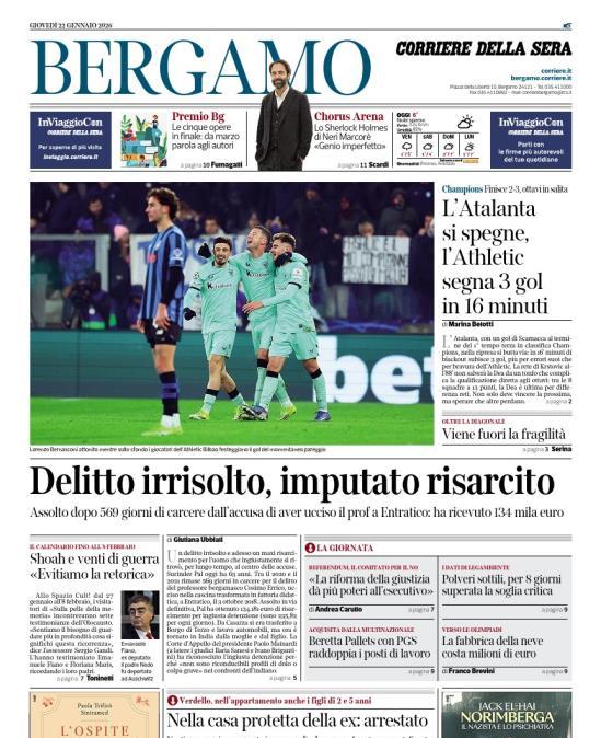 PRIMA PAGINA - Corriere di Bergamo: "L'Atalanta si spegne, l'Athletic segna 3 gol in 16 minuti"