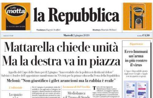 L'apertura de La Repubblica: "Mattarella chiede unità. Ma la destra va in piazza"